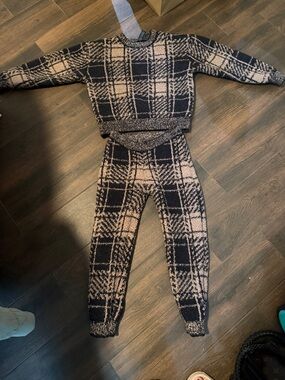 SKIMS Black & Cream Plaid Knit Kids Pajama Set